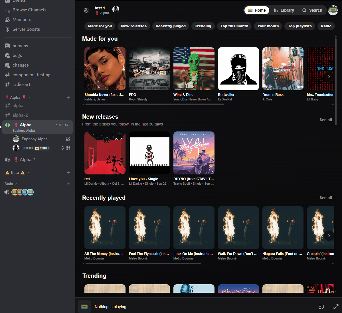 The web player's home tab